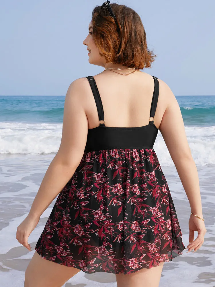 Plant Print Drawstring Ruffles Ruched A Line Swim Dress sold by Bloomchic product image thumbnail 2