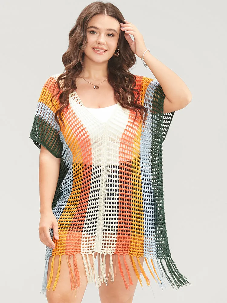 Colorblock Contrast Dolman Sleeve Cut Out Tassels Hem Knit Top sold by Bloomchic product image thumbnail 4