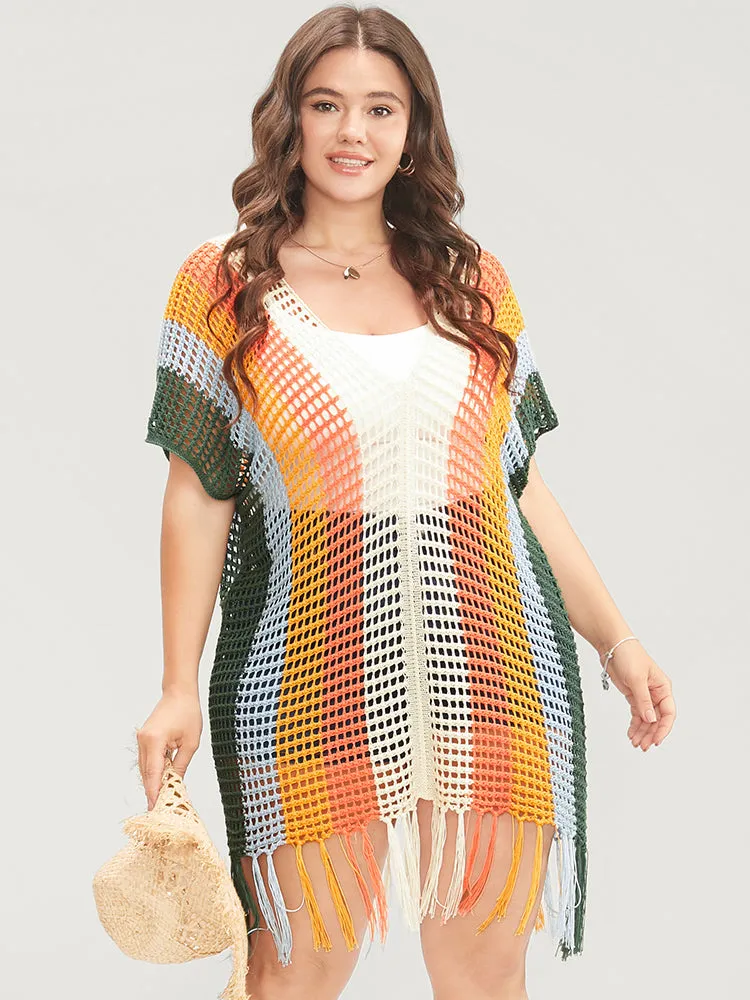 Colorblock Contrast Dolman Sleeve Cut Out Tassels Hem Knit Top sold by Bloomchic product image thumbnail 2