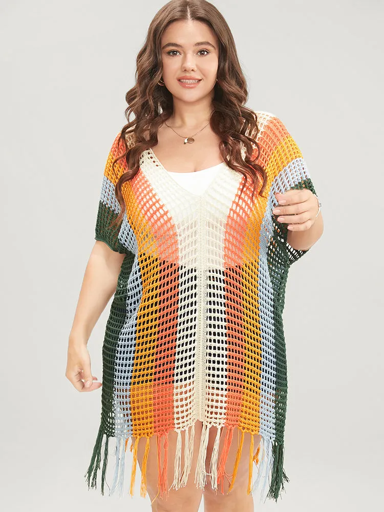 Colorblock Contrast Dolman Sleeve Cut Out Tassels Hem Knit Top sold by Bloomchic product image thumbnail 3