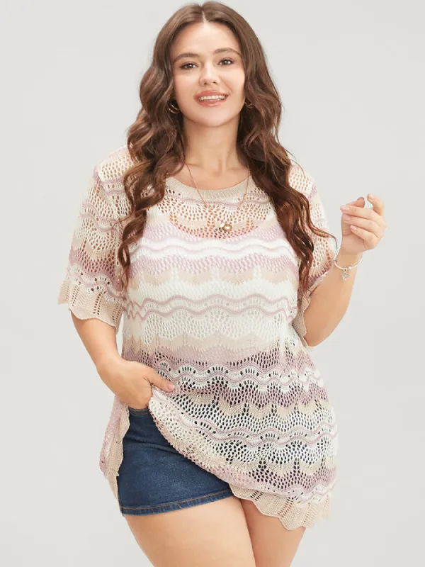 Colorblock Contrast Water Ripple Eyelet Scalloped Trim Knit Top sold by Bloomchic