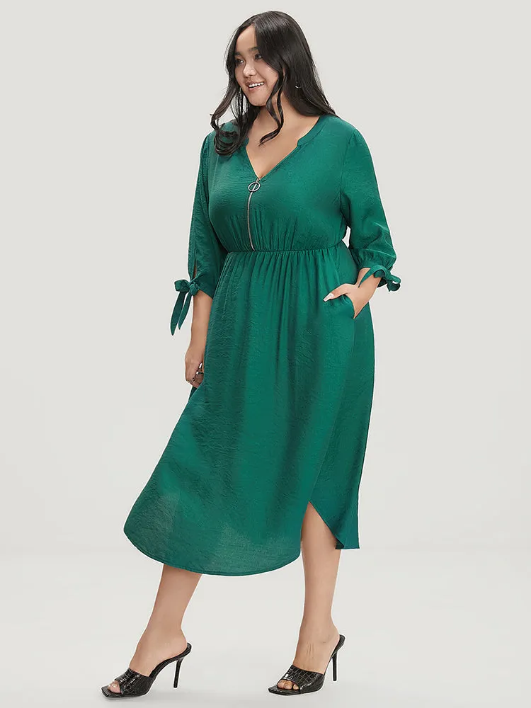 Solid Pocket Knot Sleeve Half Zipper Arc Hem Dress sold by Bloomchic product image thumbnail 3