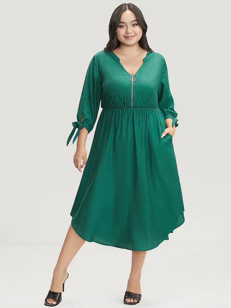Solid Pocket Knot Sleeve Half Zipper Arc Hem Dress sold by Bloomchic product image thumbnail 4