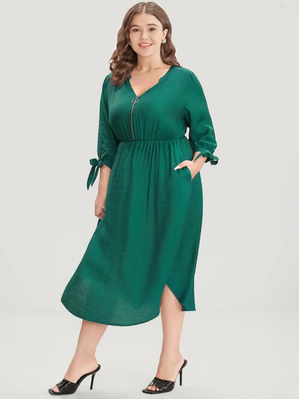 Solid Pocket Knot Sleeve Half Zipper Arc Hem  Dress sold by Bloomchic