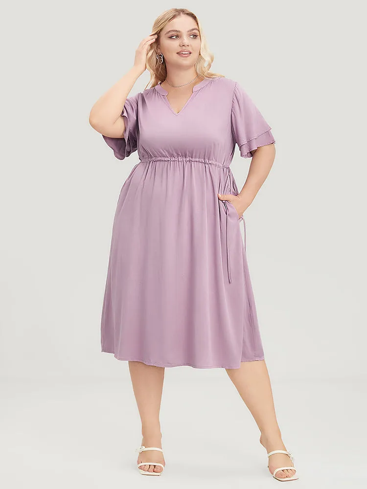 Solid V Neck Ruffle Tiered Sleeve Pocket Drawstring Dress sold by Bloomchic product image thumbnail 3