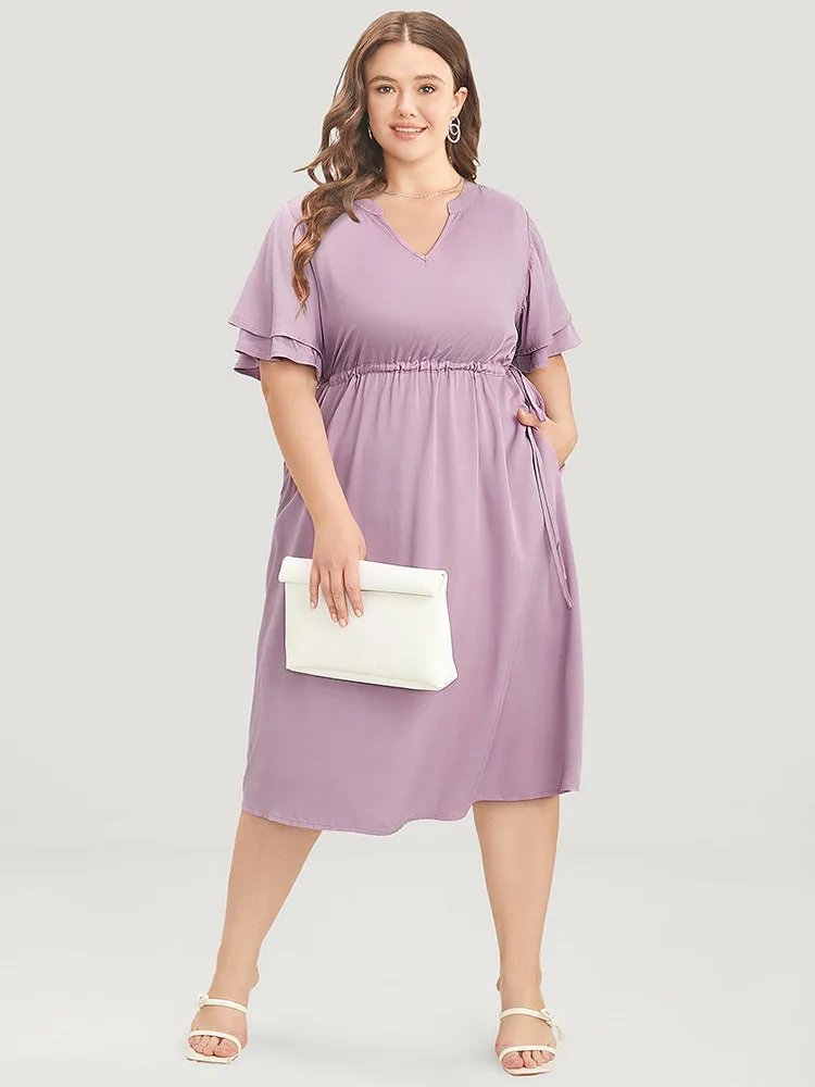 Solid V Neck Ruffle Tiered Sleeve Pocket Drawstring Dress sold by Bloomchic