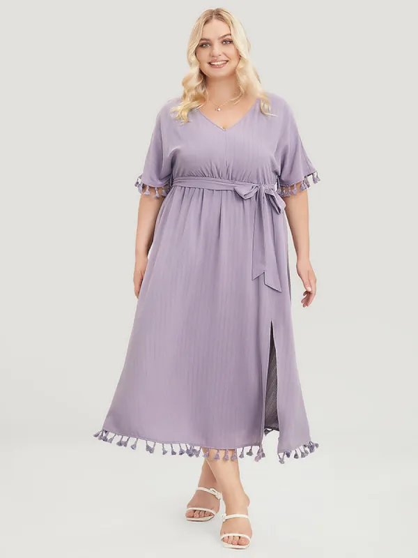 Plain Striped Dolman Sleeve Split Belted Tassels Trim Dress made by Bloomchic