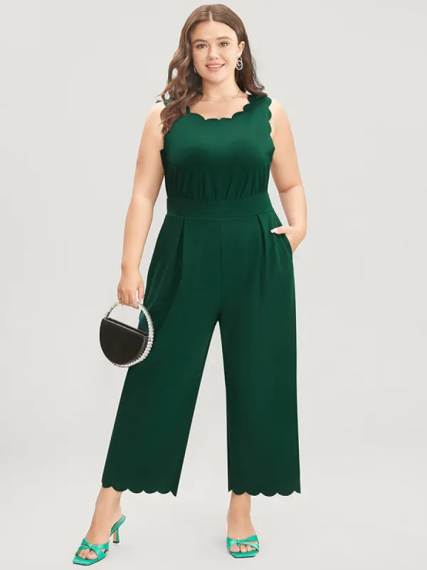 Solid Sleeveless Pocket Scalloped Trim Jumpsuit sold by Bloomchic