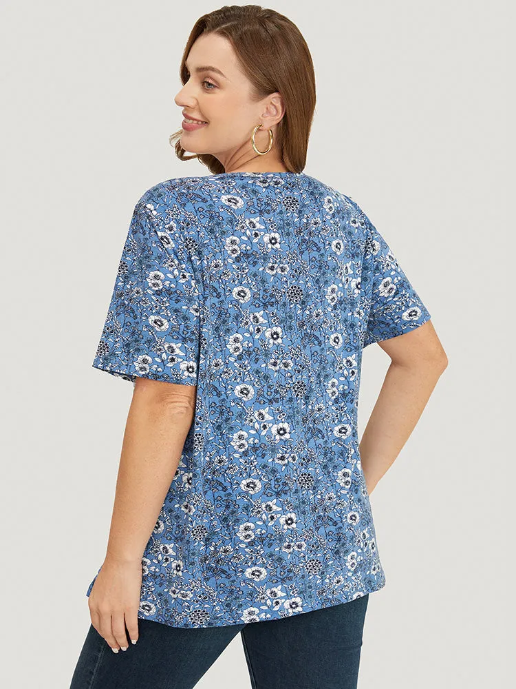 Floral V Neck Button Detail Pleated Front T-shirt sold by Bloomchic product image thumbnail 4