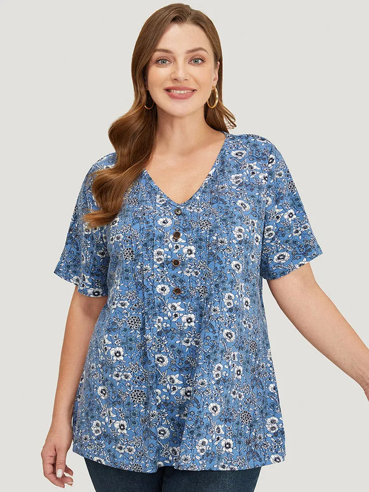 Floral V Neck Button Detail Pleated Front T-shirt sold by Bloomchic