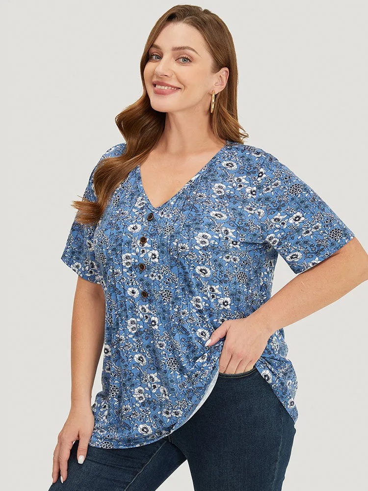 Floral V Neck Button Detail Pleated Front T-shirt sold by Bloomchic product image thumbnail 2