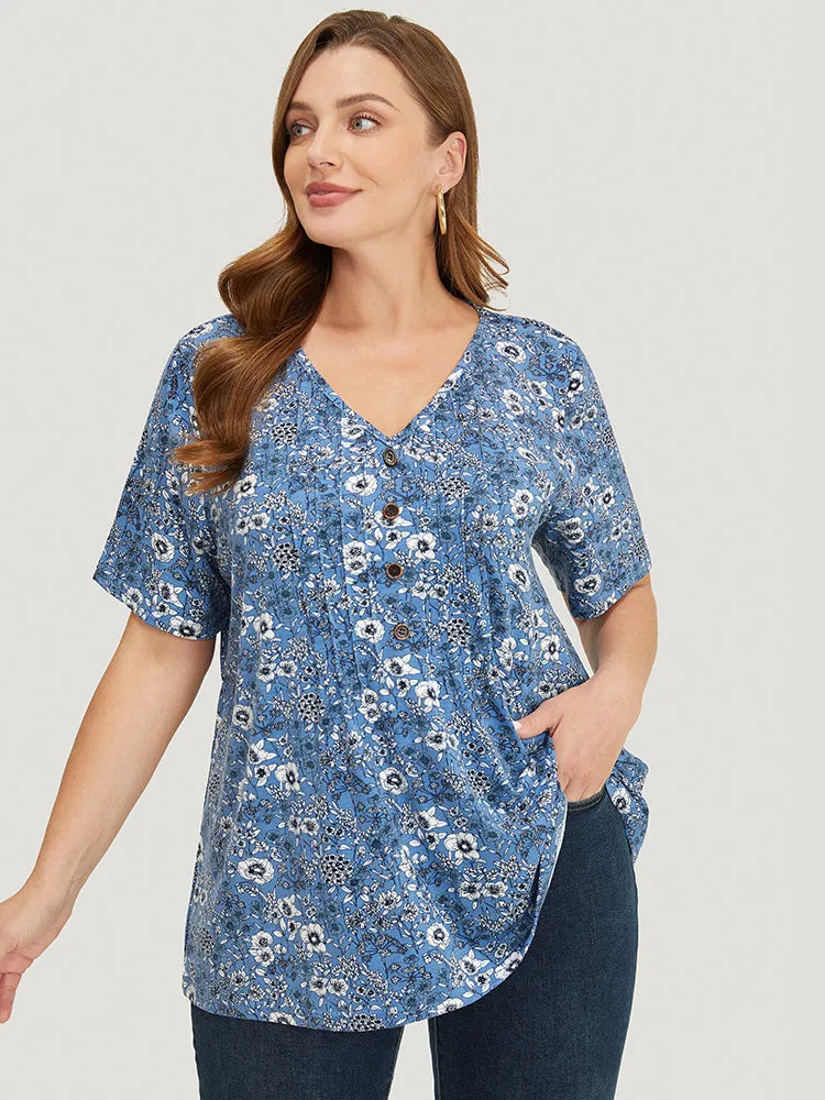 Floral V Neck Button Detail Pleated Front T-shirt sold by Bloomchic product image thumbnail 3