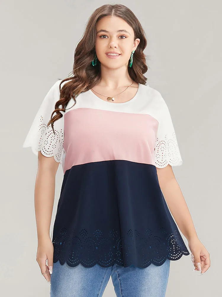 Colorblock Contrast Scalloped Trim Laser Cut Crew Neck T-shirt sold by Bloomchic
