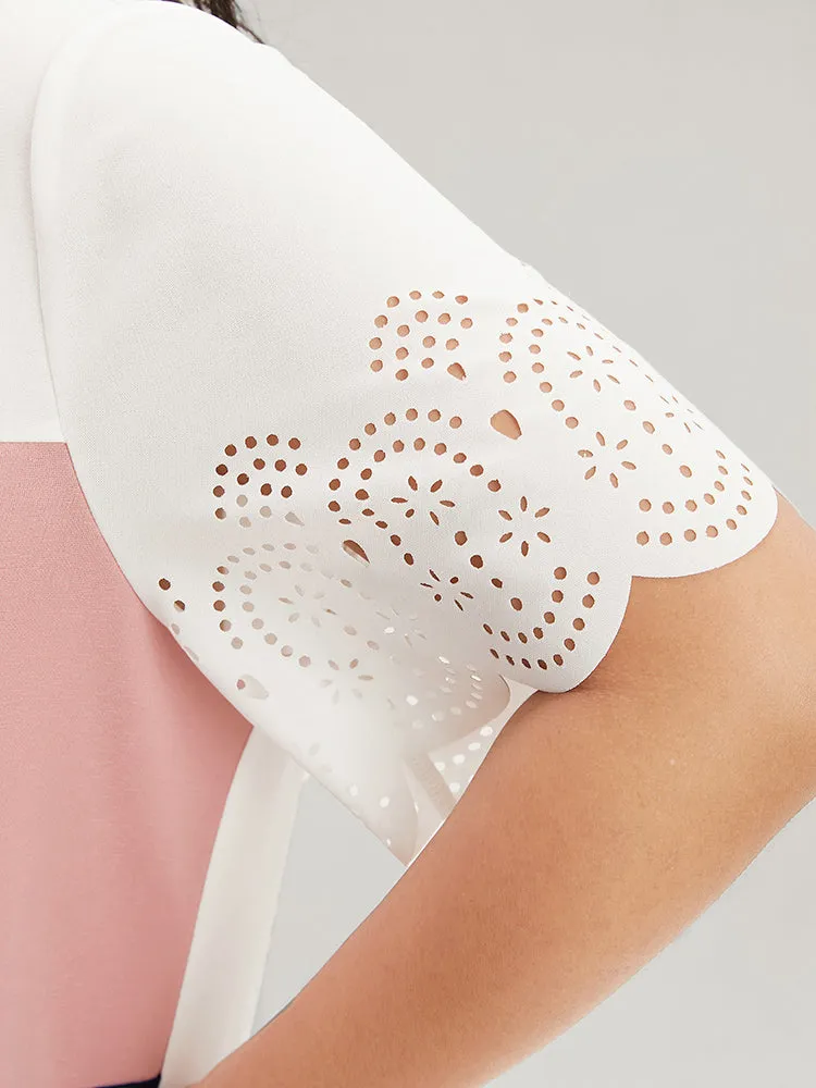 Colorblock Contrast Scalloped Trim Laser Cut Crew Neck T-shirt sold by Bloomchic product image thumbnail 5