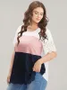 Colorblock Contrast Scalloped Trim Laser Cut Crew Neck T-shirt sold by Bloomchic