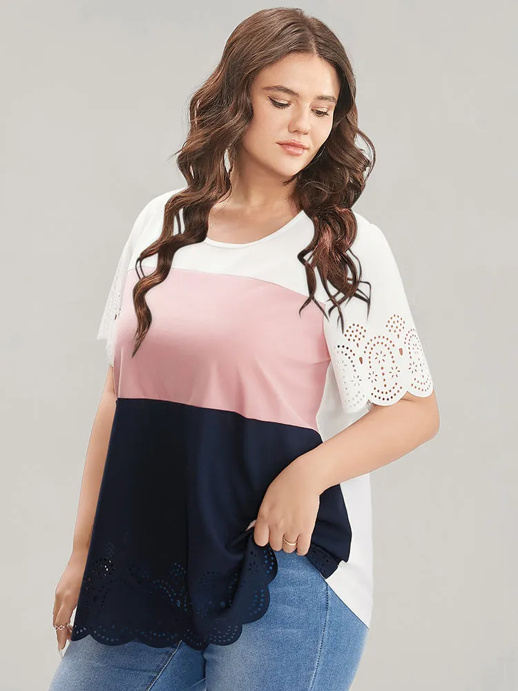 Colorblock Contrast Scalloped Trim Laser Cut Crew Neck T-shirt sold by Bloomchic product image thumbnail 2