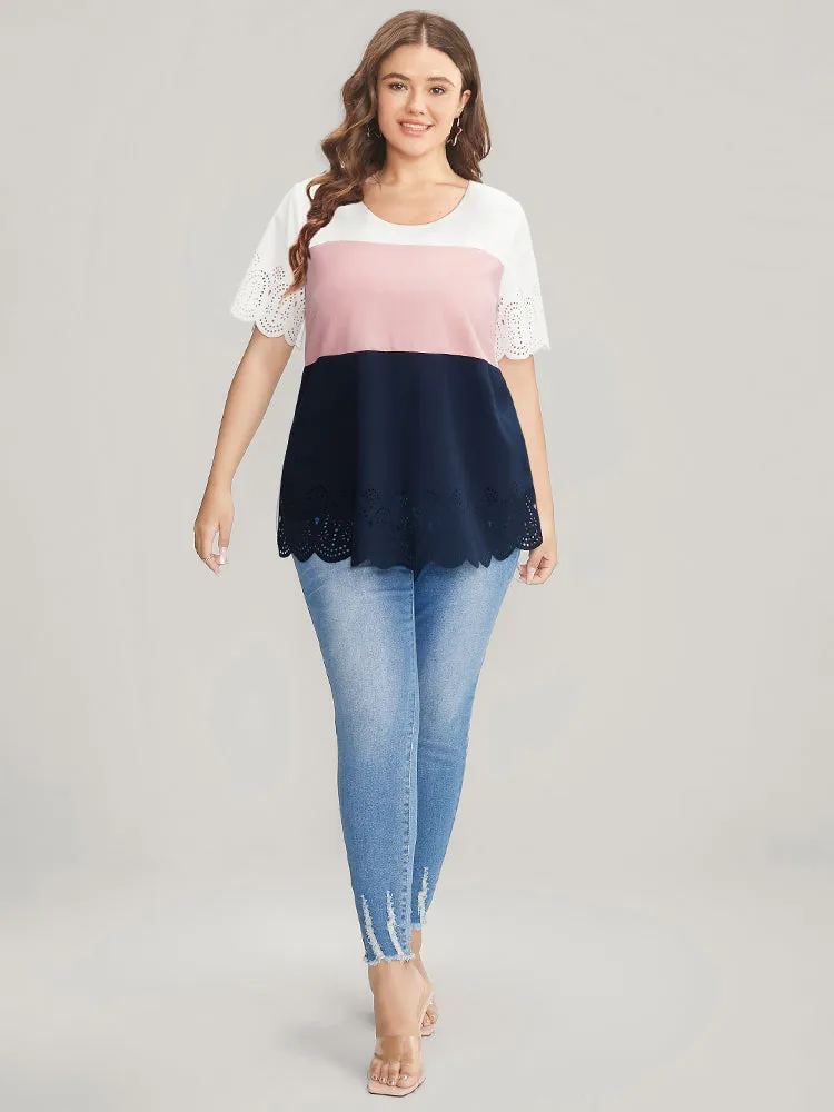 Colorblock Contrast Scalloped Trim Laser Cut Crew Neck T-shirt sold by Bloomchic product image thumbnail 3