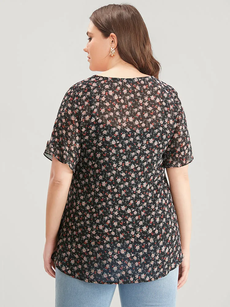 Ditsy Floral Notched Ruffle Sleeve Blouse sold by Bloomchic product image thumbnail 2