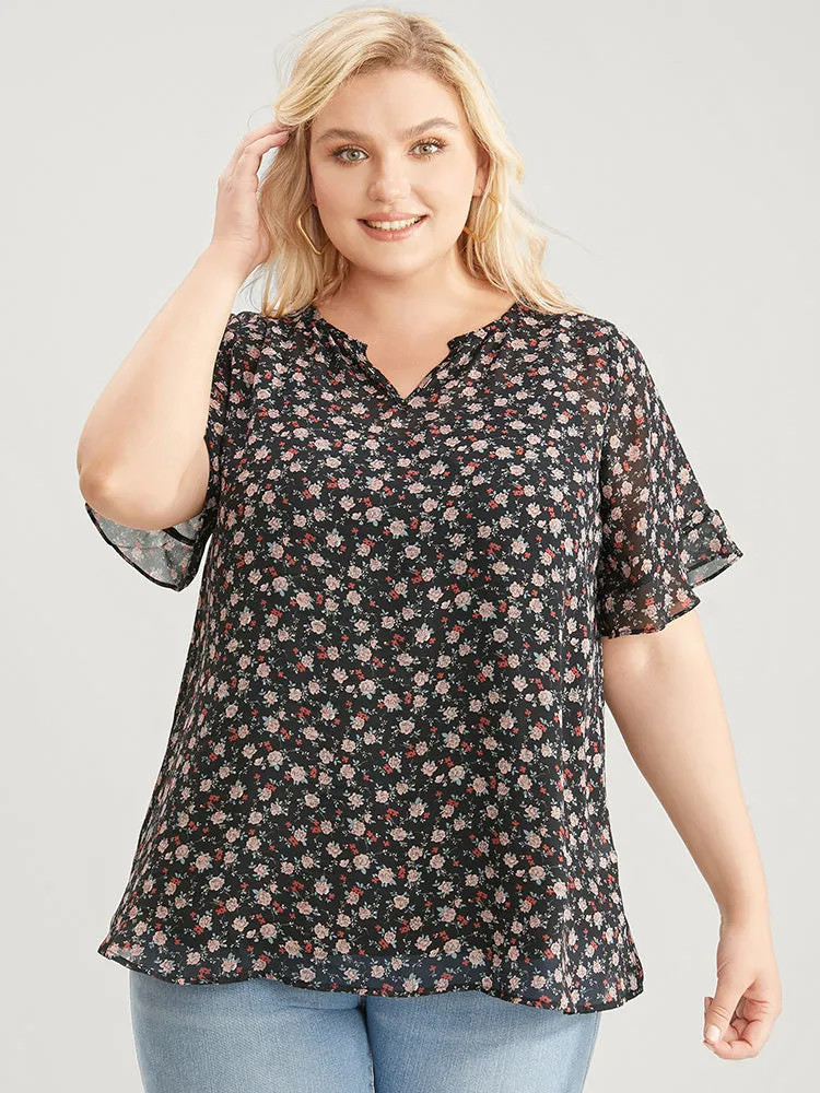 Ditsy Floral Notched Ruffle Sleeve Blouse sold by Bloomchic product image thumbnail 3