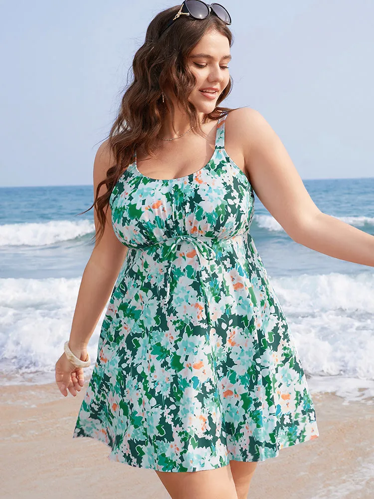 Tropical Print Tie Front Ruffles Swim Dress sold by Bloomchic