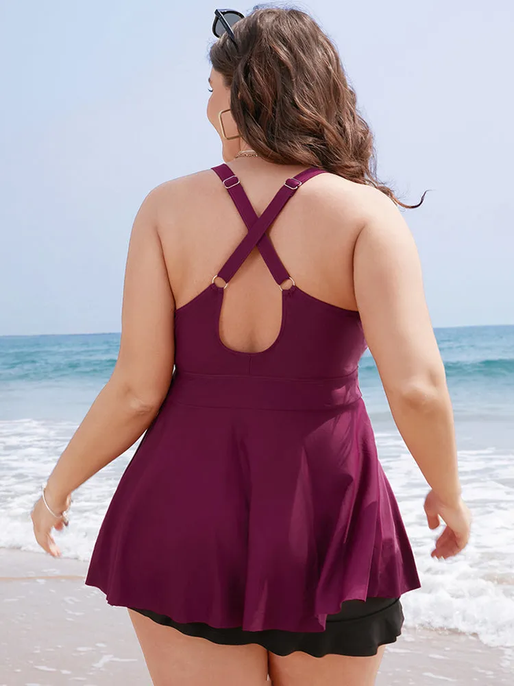 Plain Ruffles Crossover Back Adjustable Straps Tankini Top sold by Bloomchic product image thumbnail 2