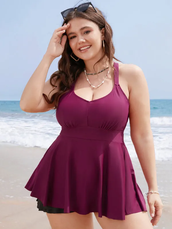 Plain Ruffles Crossover Back Adjustable Straps Tankini Top sold by Bloomchic
