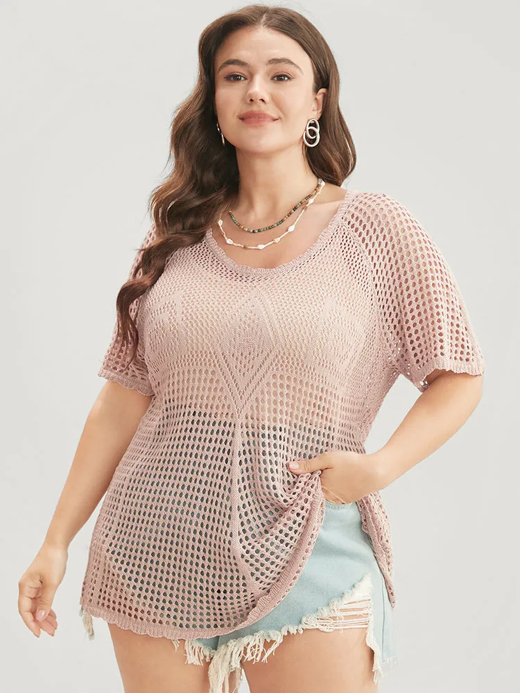 Plain Crew Neck Cut Out Scalloped Trim Knit Top sold by Bloomchic