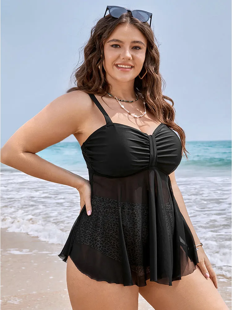 Ruched Ruffles Mesh Patchwork Tankini Top sold by Bloomchic