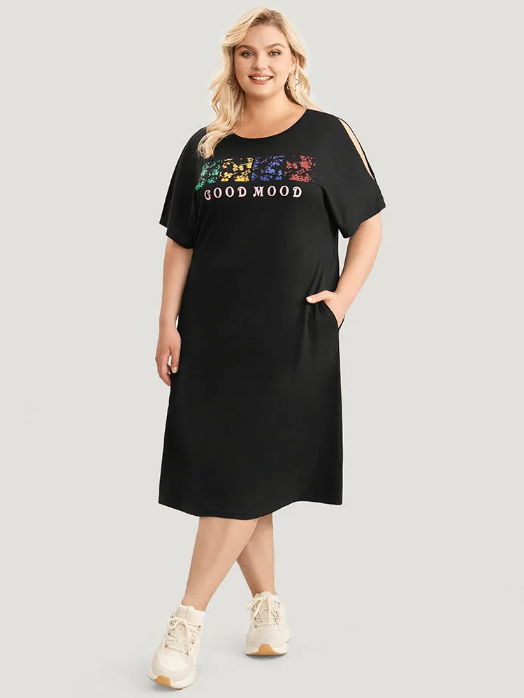 Graphic & Letter Print Dolman Sleeve Pocket Cold Shoulder Tee Dress sold by Bloomchic product image thumbnail 2