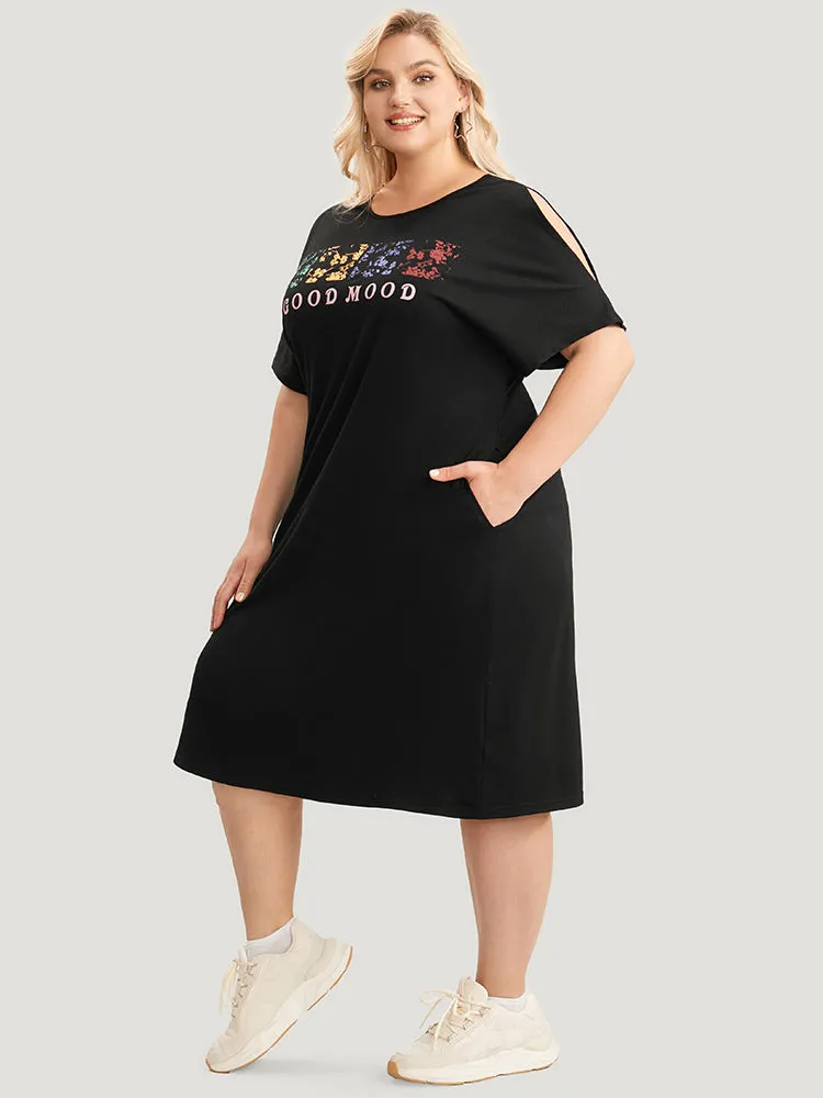 Graphic & Letter Print Dolman Sleeve Pocket Cold Shoulder Tee Dress sold by Bloomchic product image thumbnail 3