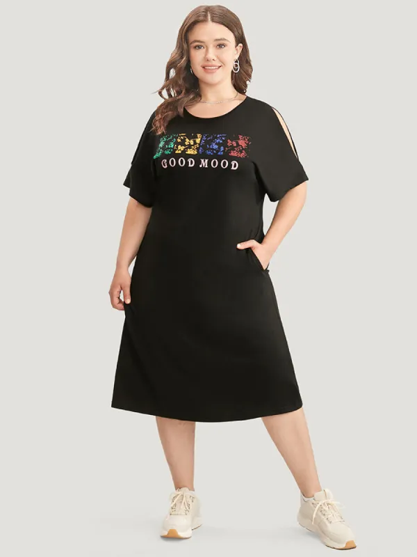 Graphic & Letter Print Dolman Sleeve Pocket Cold Shoulder Tee Dress sold by Bloomchic