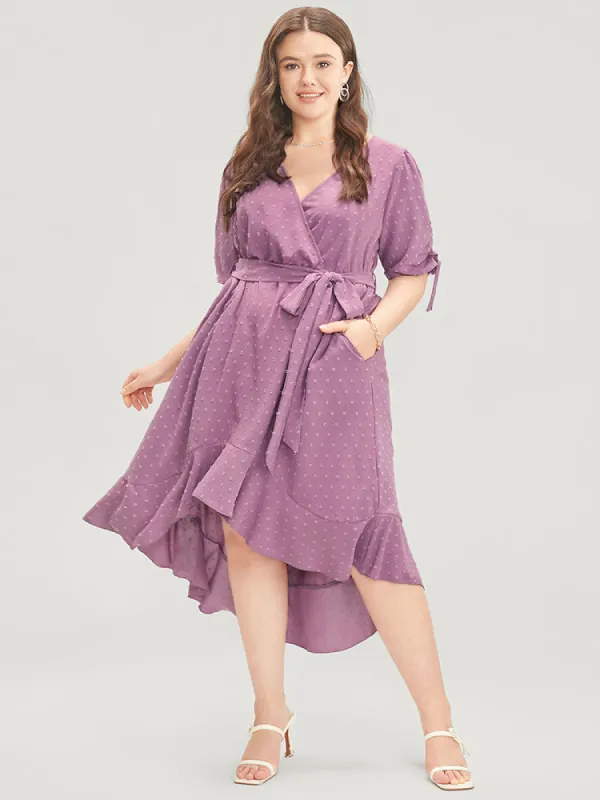 Plain Wrap Ruffles Pocket Belted High Low Hem Dress sold by Bloomchic
