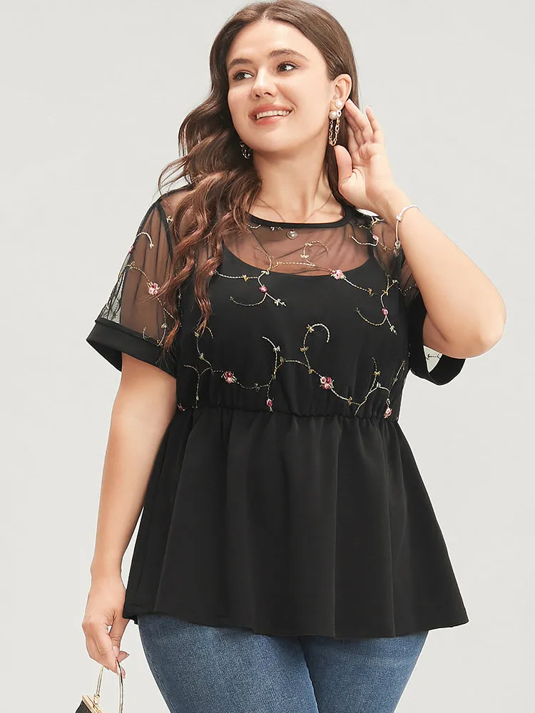 Floral Embroidered Mesh Patchwork Ruffles Blouse sold by Bloomchic
