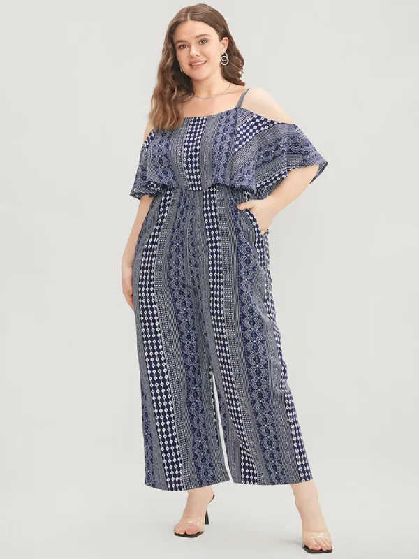 Striped Geometric Pocket Ruffles Cold Shoulder Jumpsuit sold by Bloomchic