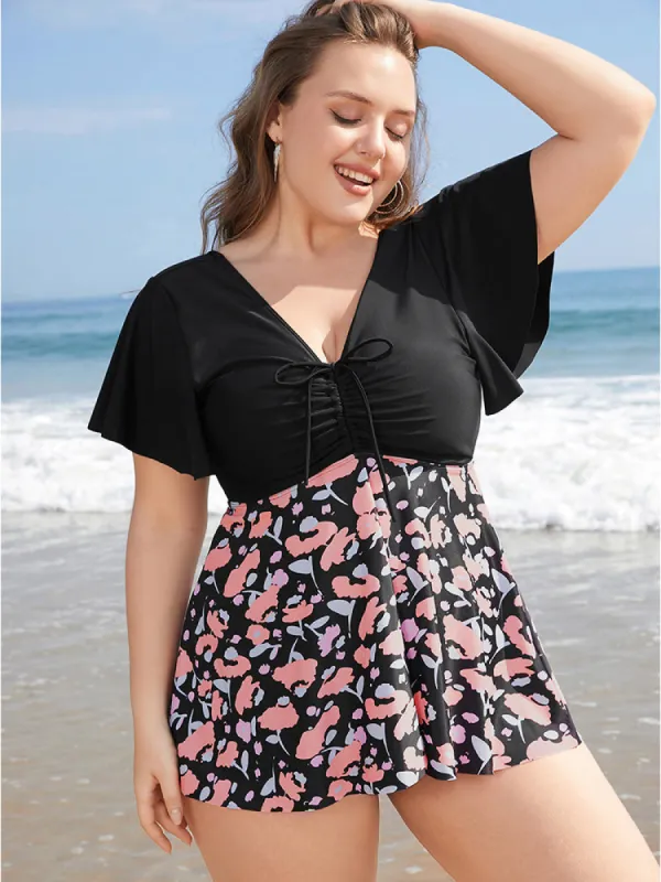 Floral Patchwork Drawstring Ruffle Sleeve Tankini Top sold by Bloomchic
