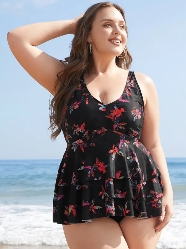 Floral Printed Ruffle Tiered A Line Tankini Top sold by Bloomchic