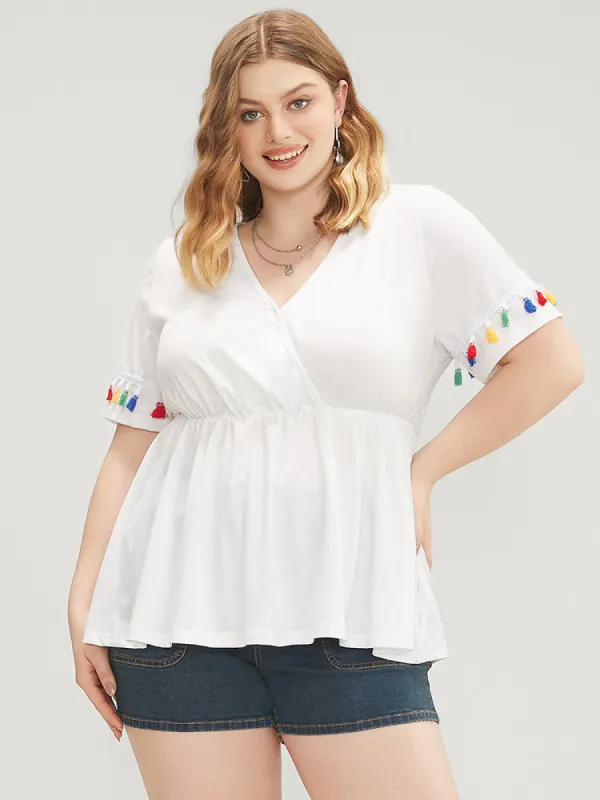 Solid Tassels Detail Ruffles Surplice Neck T-shirt sold by Bloomchic