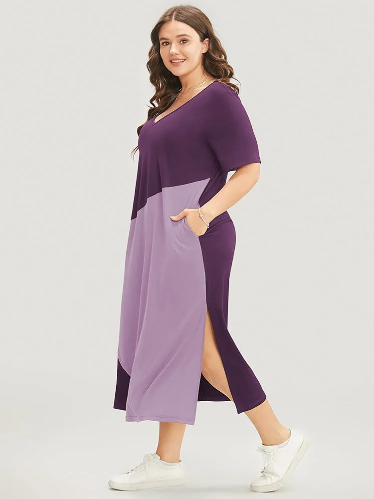 Colorblock Contrast V Neck Pocket Split Hem Dress sold by Bloomchic product image thumbnail 4