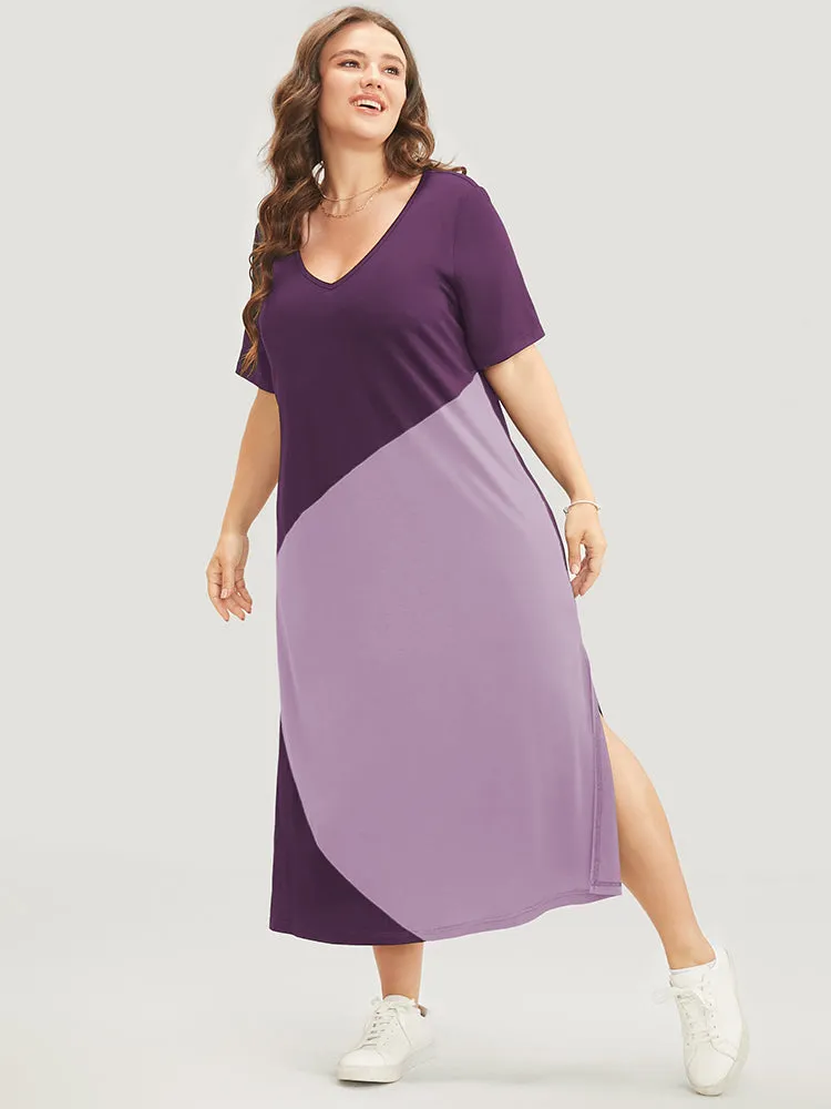Colorblock Contrast V Neck Pocket Split Hem Dress sold by Bloomchic product image thumbnail 2
