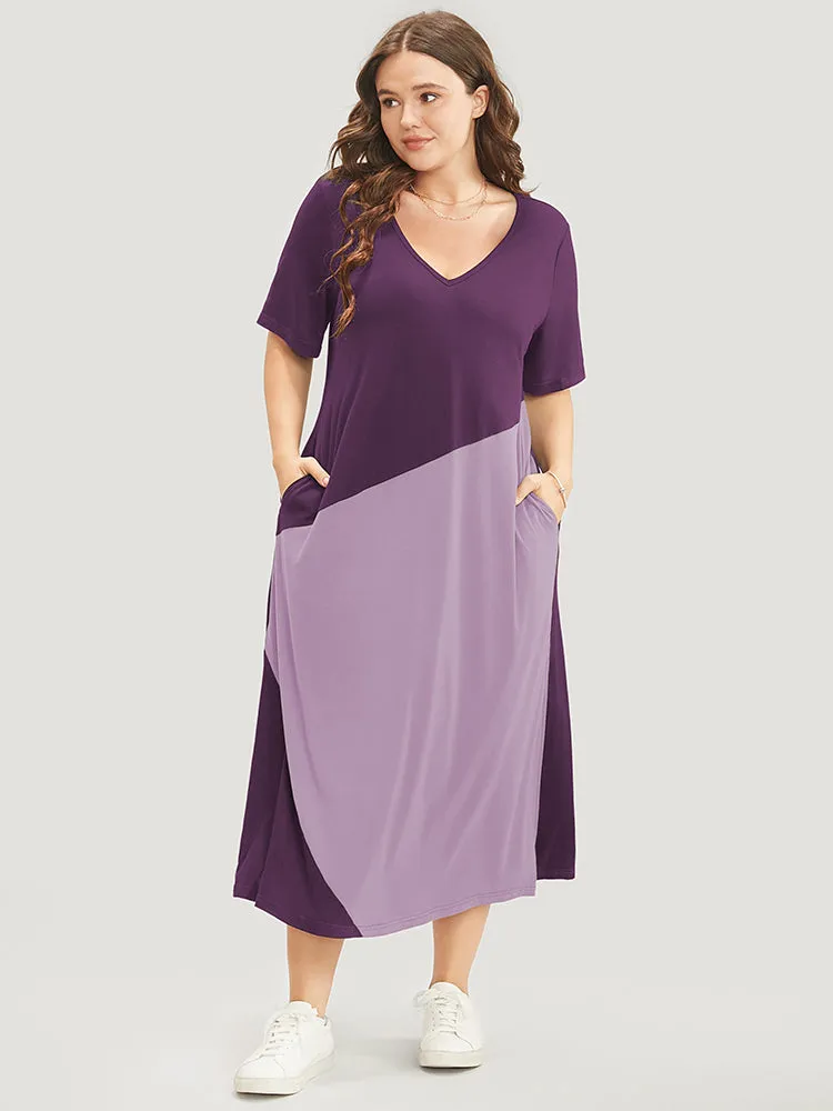 Colorblock Contrast V Neck Pocket Split Hem Dress sold by Bloomchic product image thumbnail 3