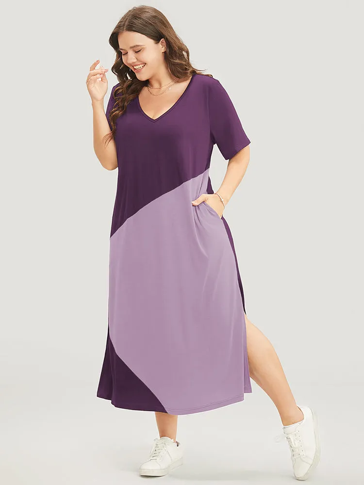 Colorblock Contrast V Neck Pocket Split Hem Dress sold by Bloomchic