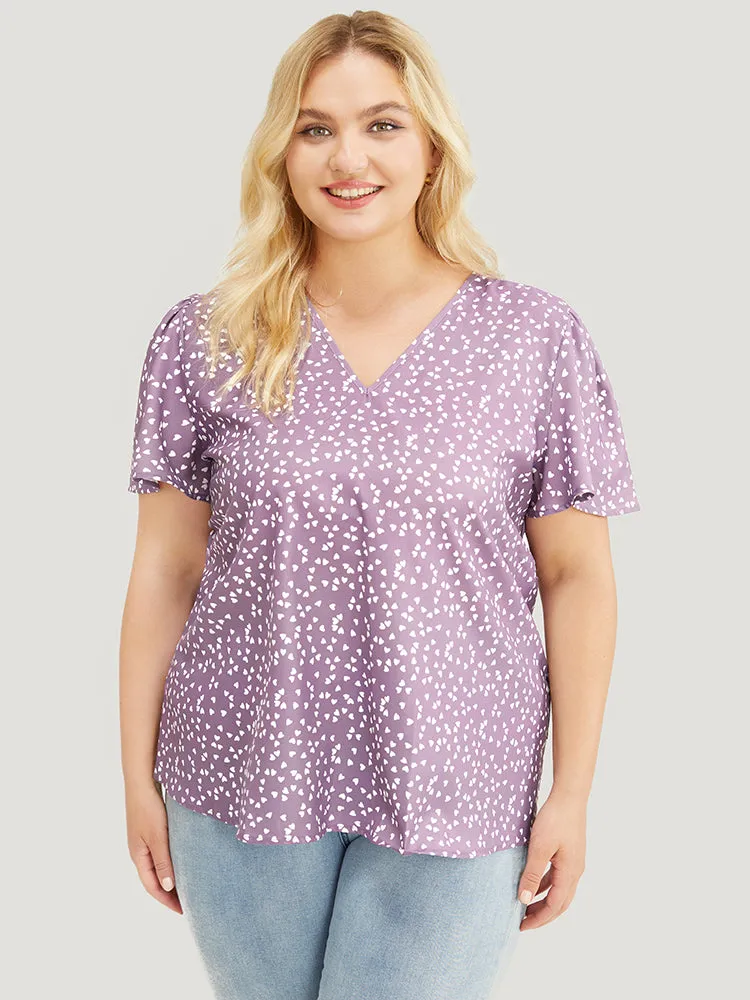 Heart Print Ruffle Sleeve V Neck Blouse sold by Bloomchic product image thumbnail 2