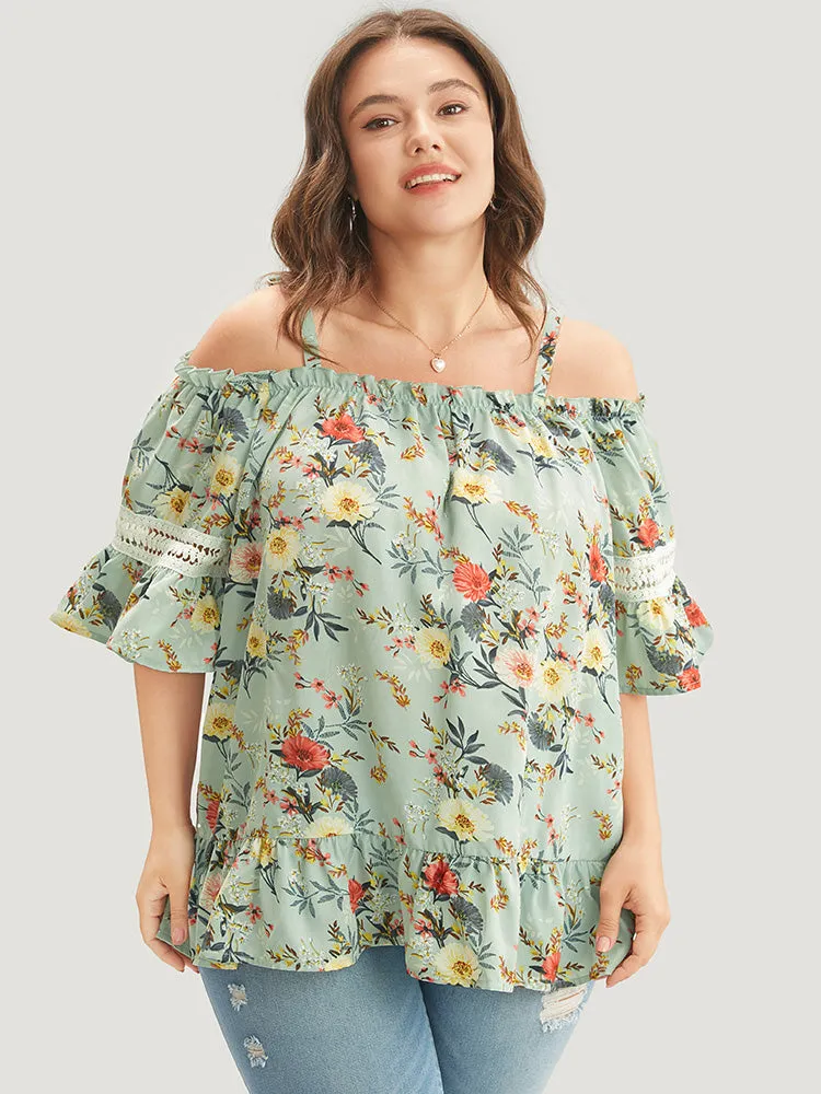Floral Print Lace Insert Ruffles Cold Shoulder Blouse sold by Bloomchic product image thumbnail 3
