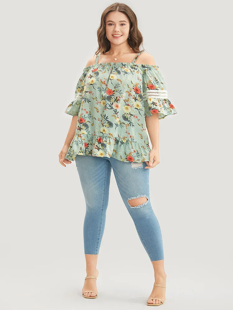 Floral Print Lace Insert Ruffles Cold Shoulder Blouse sold by Bloomchic product image thumbnail 4