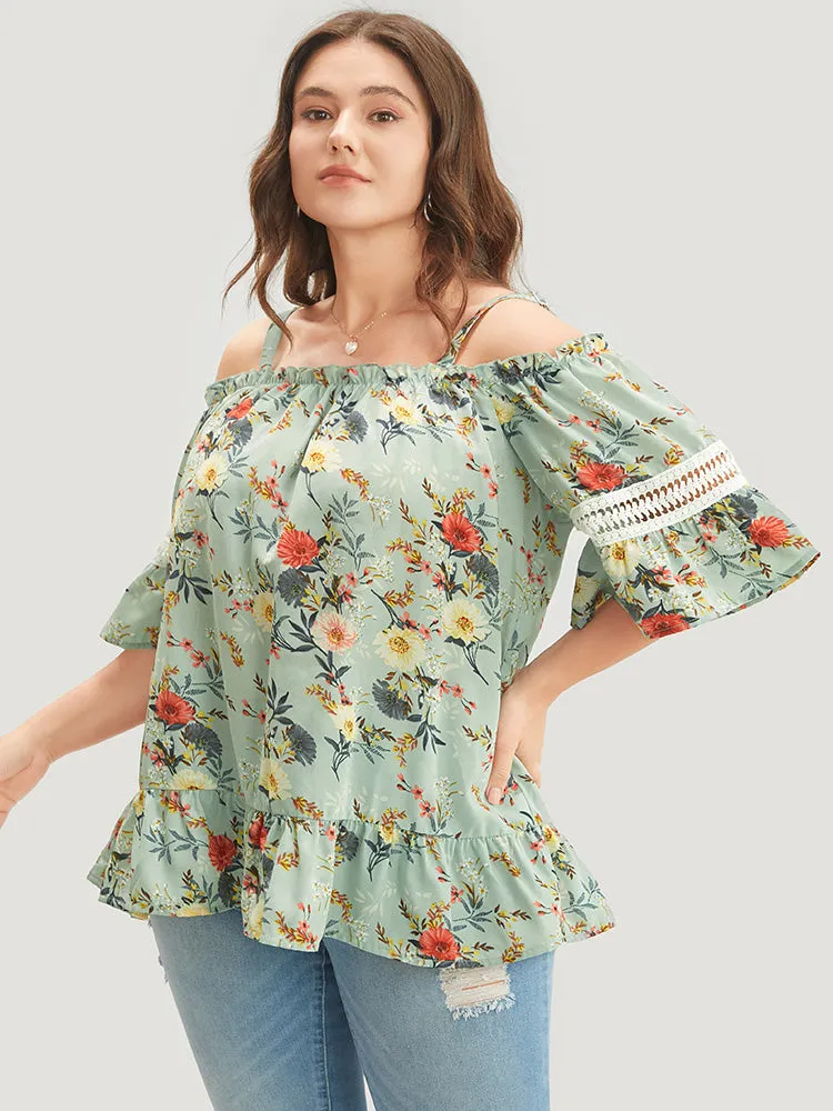 Floral Print Lace Insert Ruffles Cold Shoulder Blouse sold by Bloomchic