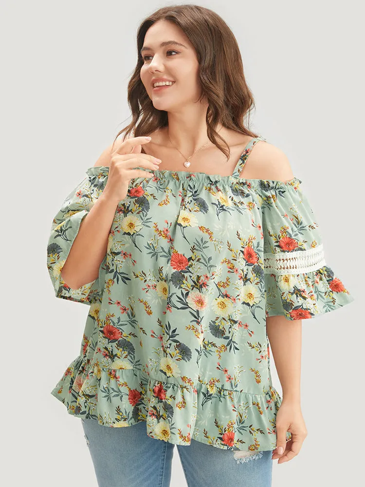 Floral Print Lace Insert Ruffles Cold Shoulder Blouse sold by Bloomchic product image thumbnail 2