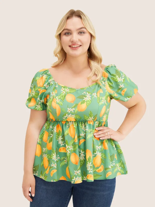 Citrus Orange & Floral Print Puff Sleeve Ruffles Blouse sold by Bloomchic