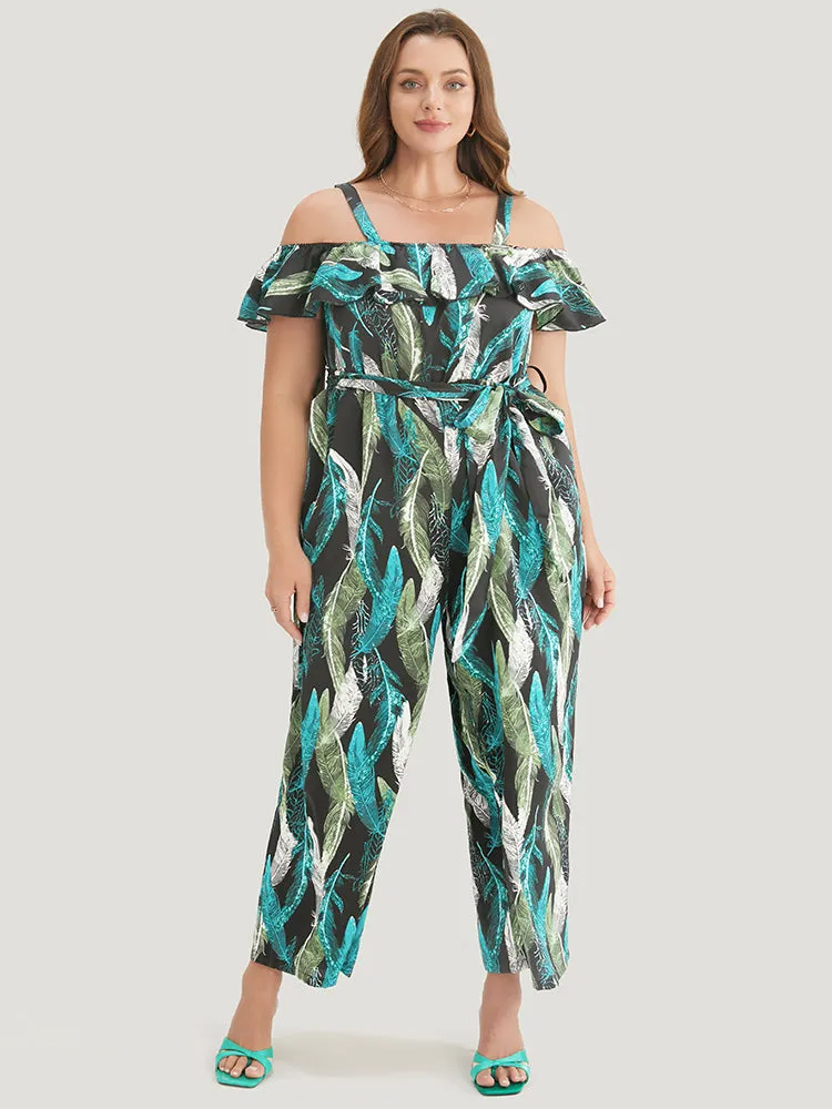 Tropical Cold Shoulder Pocket Belted Ruffle Trim Jumpsuit sold by Bloomchic product image thumbnail 4
