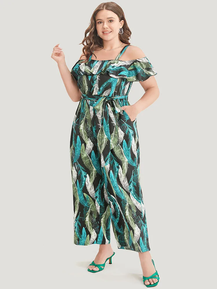 Tropical Cold Shoulder Pocket Belted Ruffle Trim Jumpsuit sold by Bloomchic