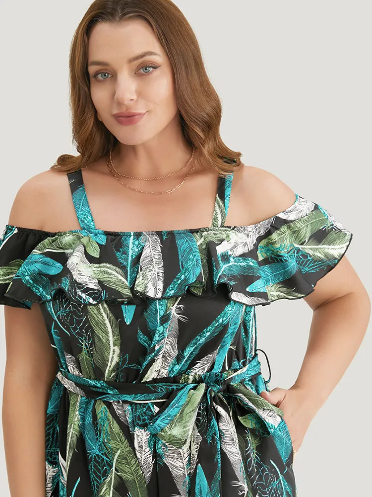 Tropical Cold Shoulder Pocket Belted Ruffle Trim Jumpsuit sold by Bloomchic product image thumbnail 5